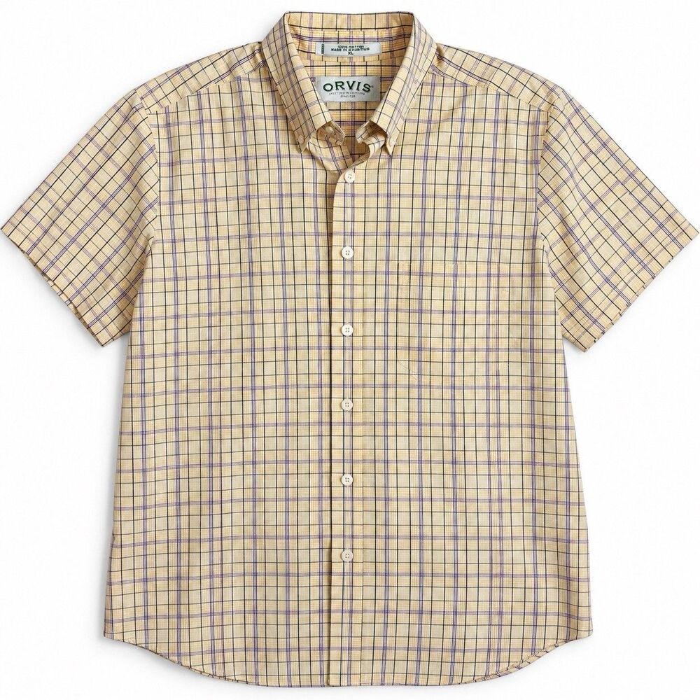 Orvis Wrinkle-Free Plaid Shirt Yellow Blue 100% Cotton Short Sleeve Men's XL